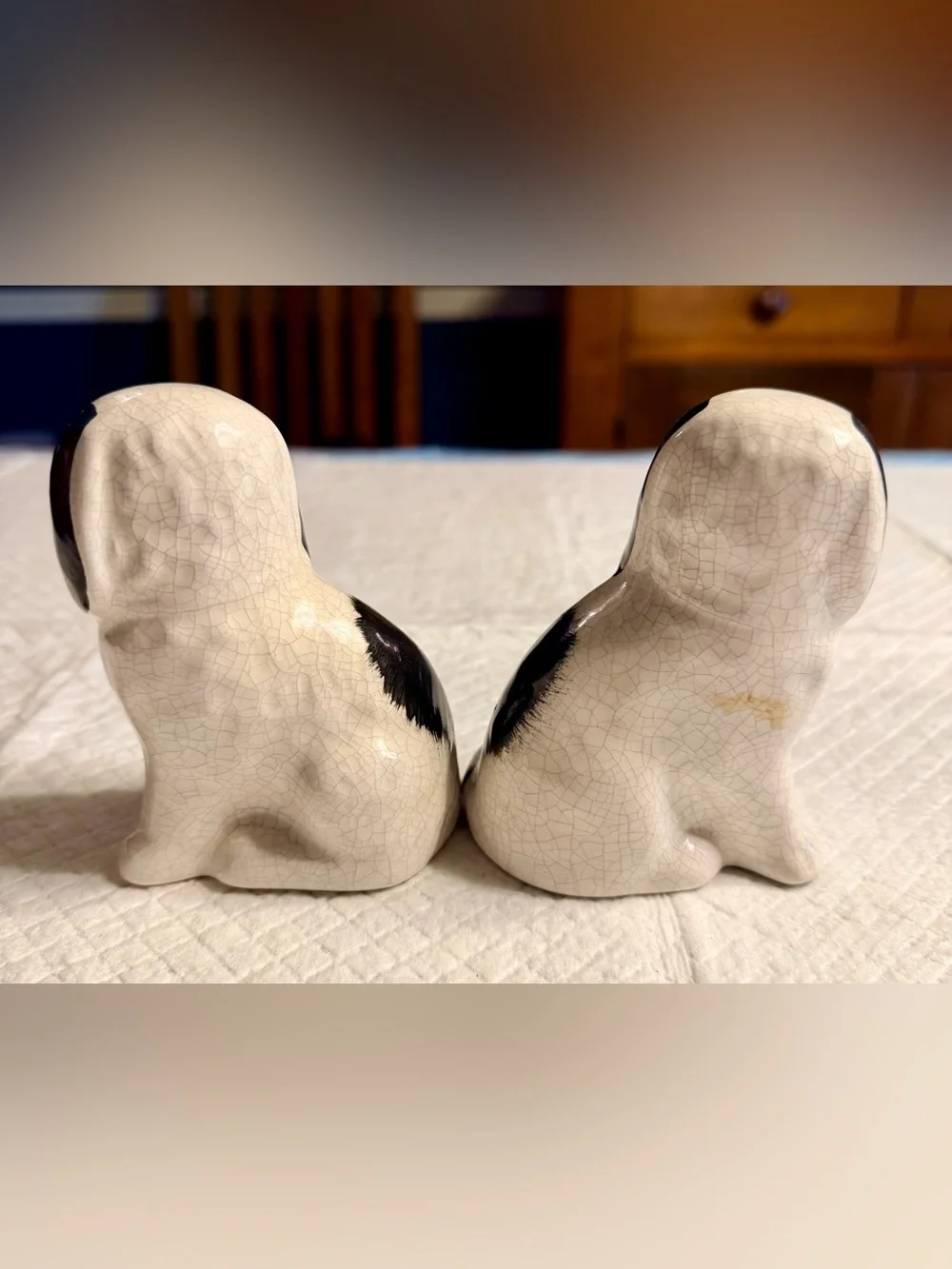 Antique miniature white and black Staffordshire spaniels
